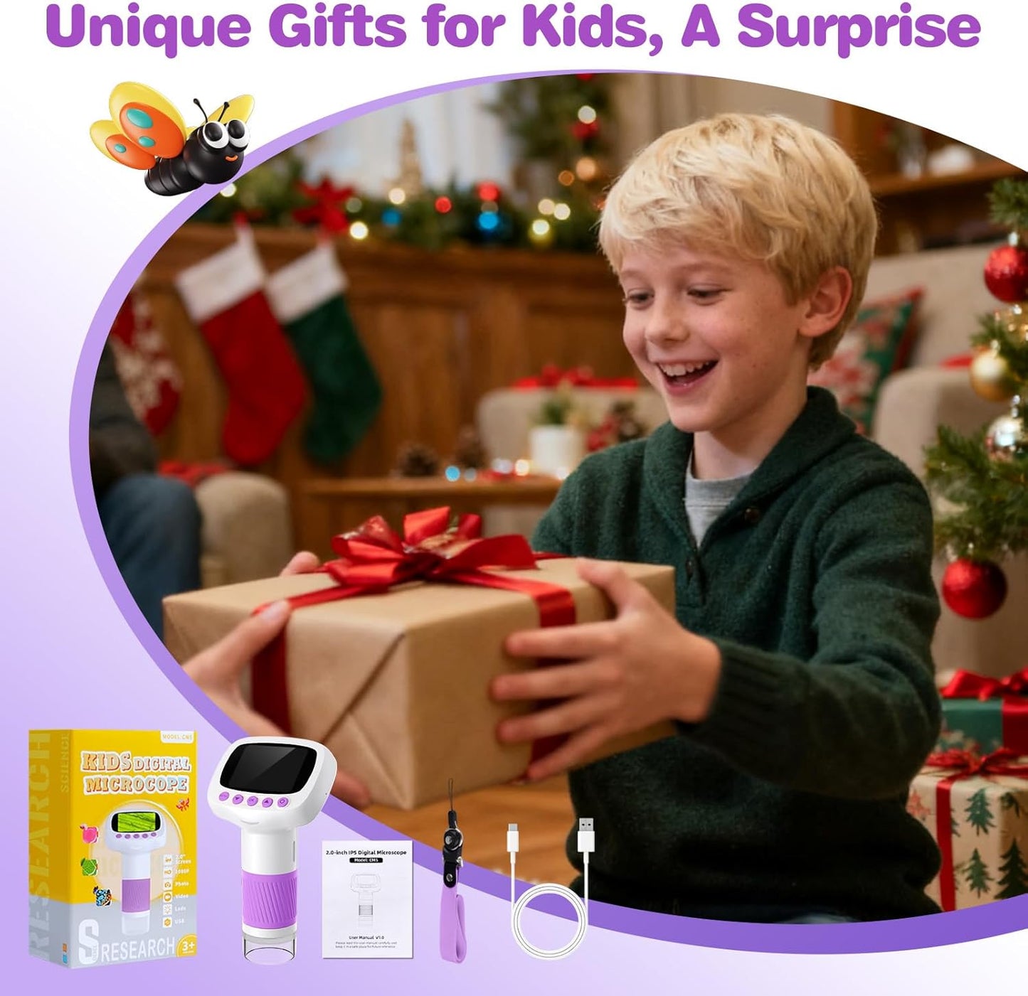 Pocket Kids Microscope for Over 3 Years Old, 1000X Handheld Microscope for Kids w/2''IPS Digital, Photo Video Mini Portable Microscopes, Science Edu Digiscope,Christmas Birthday Gifts for Kids