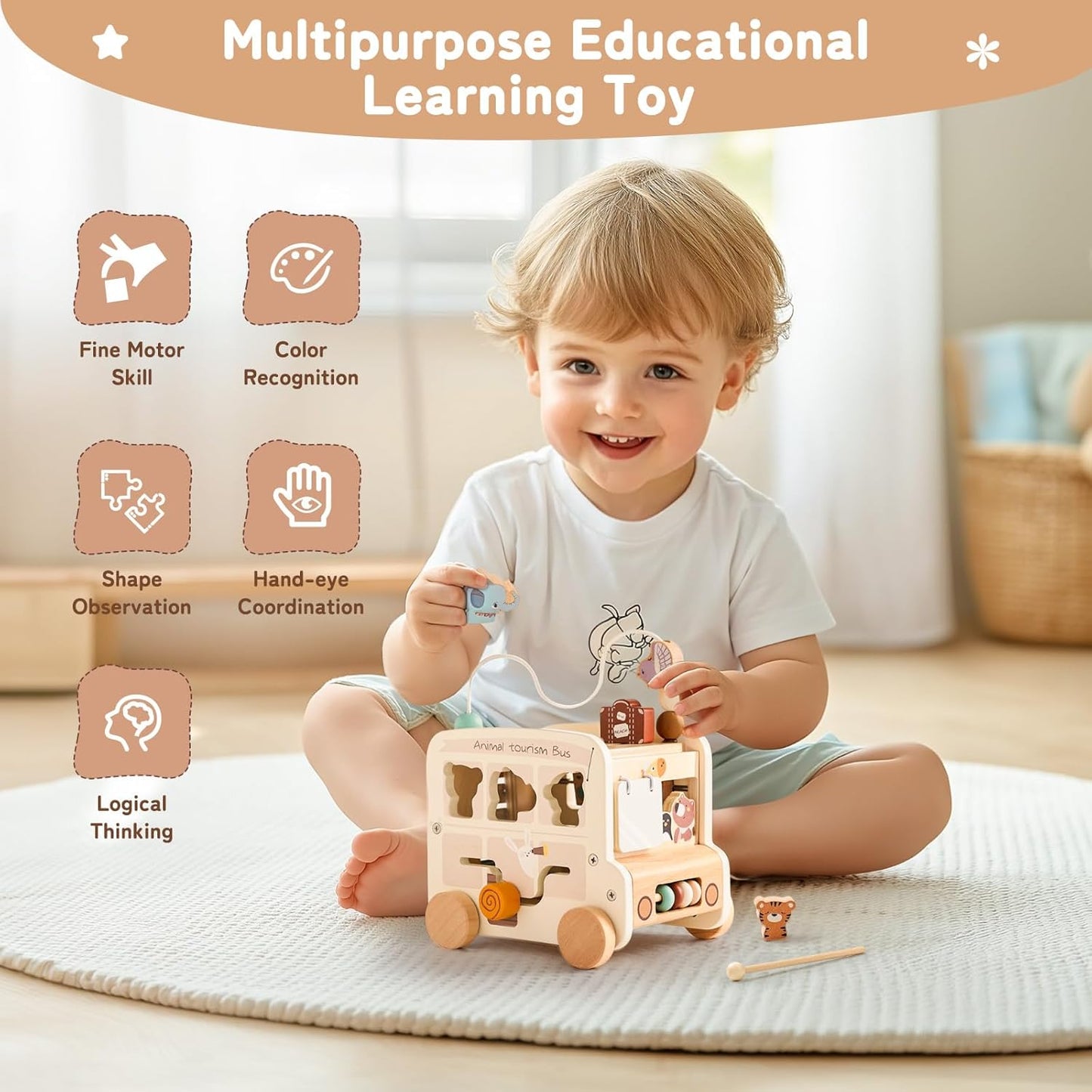 Wooden Activity Cube - 8 in 1 Montessori Toys Boys Girls, Multipurpose Educational Learning Toys for Toddlers Baby Activity Cubes with Animal Tourism Bus Theme