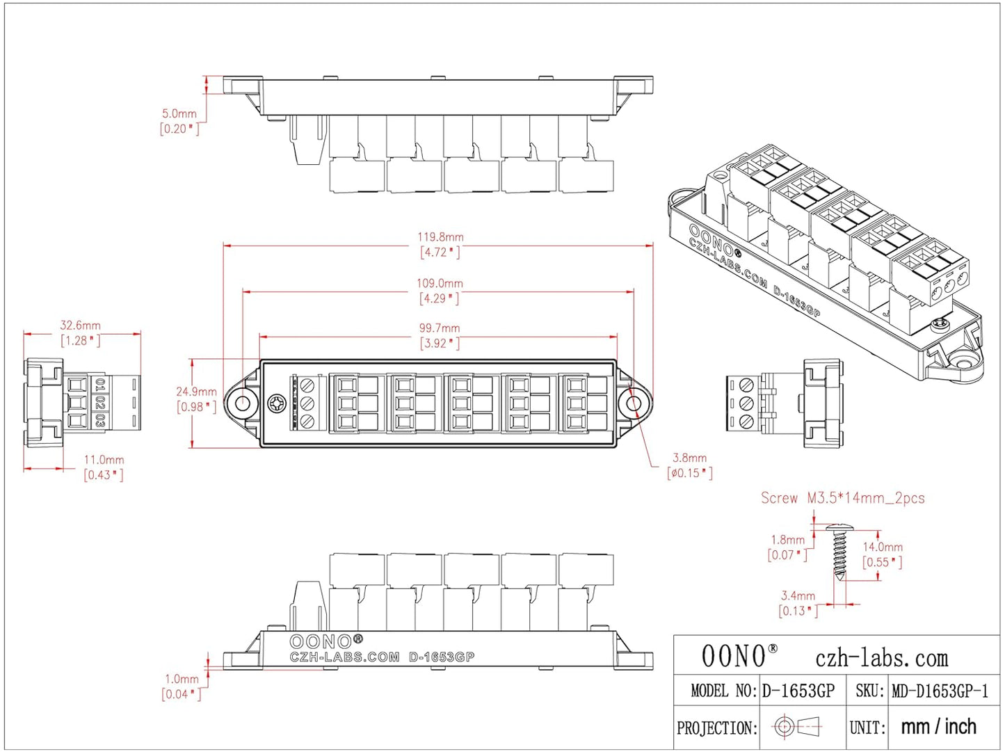30Amp 300V 1x10 Position Terminal Block Distribution Module. OONO D-1661GP