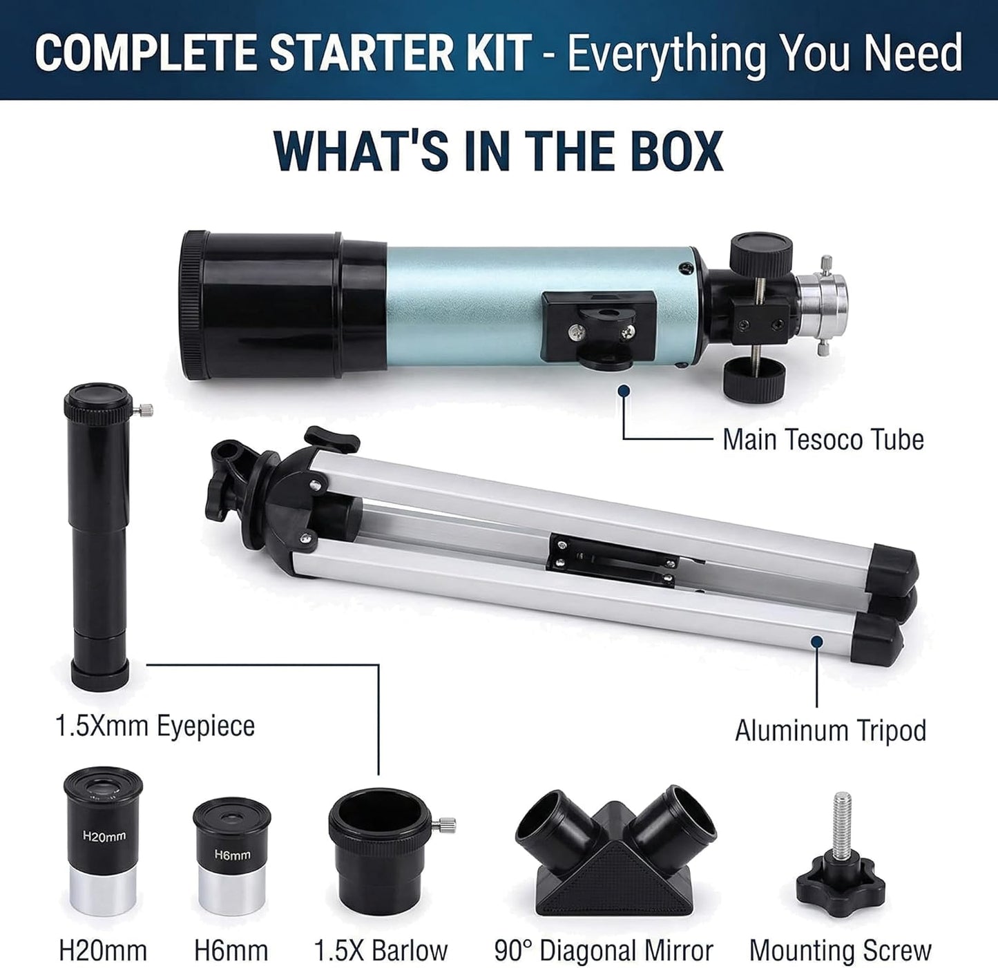 Telescope for Beginners, 90X Portable Astronomical Refractor with 15" Tabletop Tripod, 2 Eyepieces & 1.5X Barlow Lens, 50mm Aperture, Ideal STEM Science Gift for Kids to Explore Moon Space