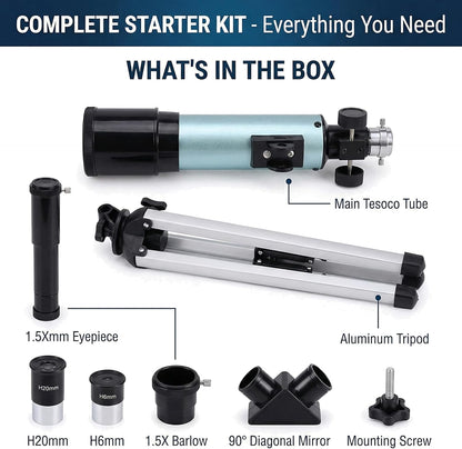 Telescope for Beginners, 90X Portable Astronomical Refractor with 15" Tabletop Tripod, 2 Eyepieces & 1.5X Barlow Lens, 50mm Aperture, Ideal STEM Science Gift for Kids to Explore Moon Space