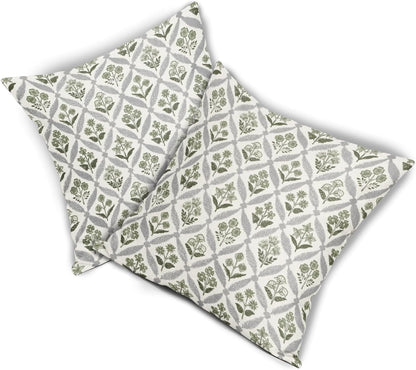 Blue Green Floral Block Print Pillow Covers 12X20 Set of 2, Flower Pattern Spring Summer Print Decorative Throw Pillow Covers Outdoor Farmhouse Seasonal Cushion Case Couch Sofa Bed Decor