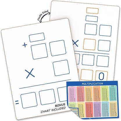 SCRIBBLEDO Dry Erase Long Multiplication Board 9"x12" Double Sided Practice Whiteboard with 2x1 & 2x2 Digit Multiplication for Home, School, Classroom Math Manipulatives for All Ages