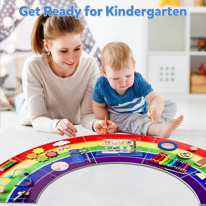 Rainbow Wall Busy Board for Kids: Wooden Montessori Activity Panel | 13-in-1 Sensory Learning Toys for Fine Motor Skills - Playroom & Nursery Essentials for Toddlers