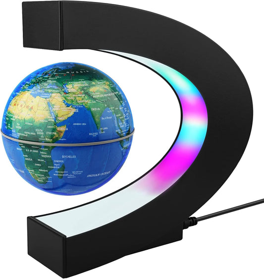 Novelty Gifts for Kids, Boys, Girls, Birthday Gift for Men, Gifts for Boss, Boyfriend, Graduation Gift for Him, Magnetic Levitation Floating World Map Globe with C Shape Base, With LED Lights