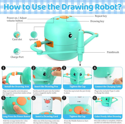 Drawing Robot for Kids with 150 Learning Cards and 17 Colorful Pens, Voice Interactive Educational Smart Art Painting Machine, Step-by-Step Drawing Guidance for Boys Girls Early Learning & STEM Toys
