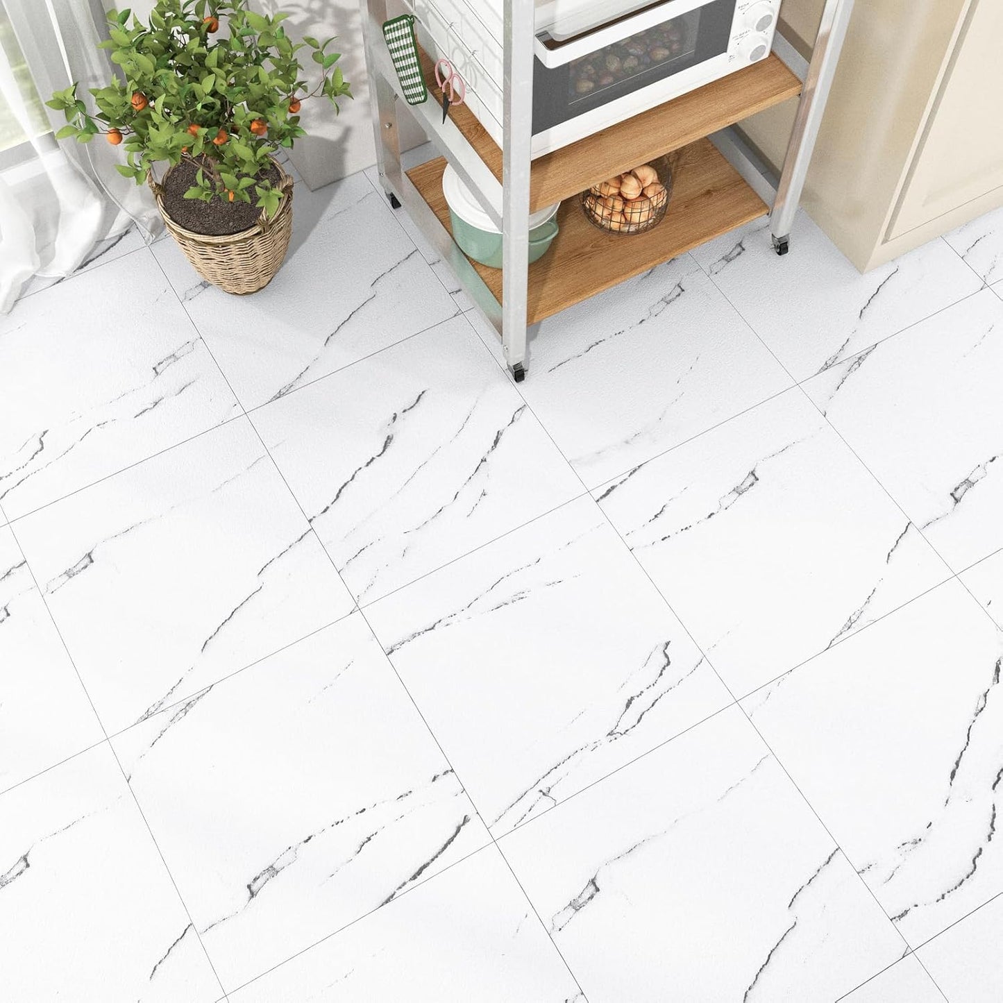 Wallercity White Marble Peel and Stick Vinyl Floor Tiles 6-Pack 12x12 Inches Self Adhesive Waterproof Flooring Planks for Bathroom Kitchen Bedrooms Stick on Floor Tiles Laminate Sheets Vinyl Flooring