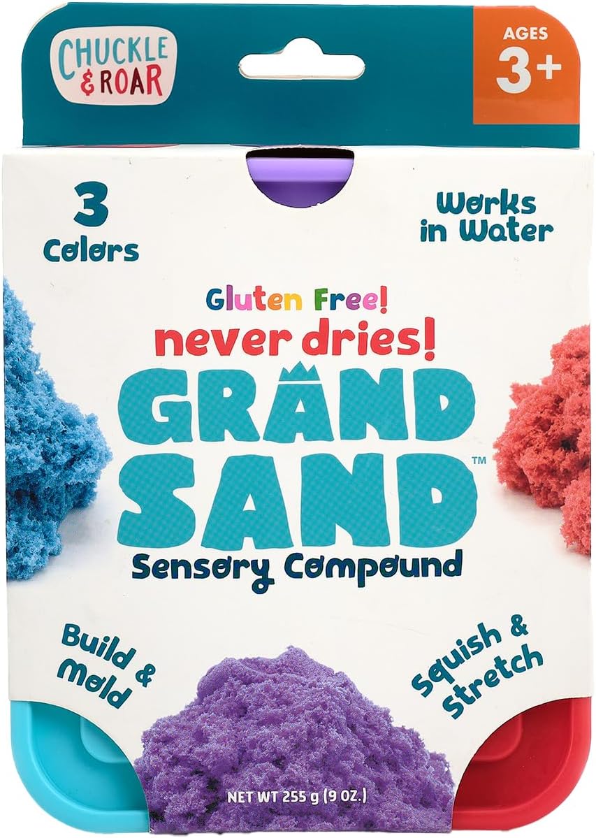 Chuckle & Roar Grand Sand Play Sand - Red, Blue & Green, Ages 3+, Pack of 3 - Never Dries, Sensory Bin Filler - Works Under Water, Sensory Table Filler - Stretch, Mold & Cut