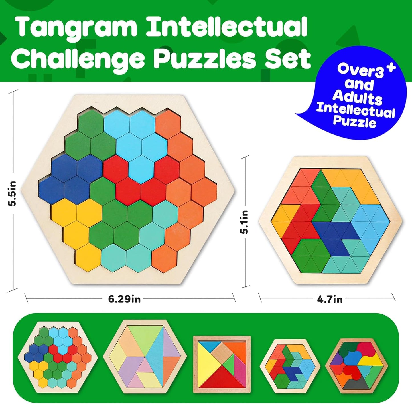 Skrtuan 5 Pack Wooden Puzzles Set - STEM Montessori Educational Board Games and Logic Traning Brain Teaser Geometric Shapes Tangram Puzzle Games for Kids Ages 3+