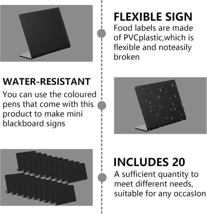 20 Pack 4"x3" V-Shaped Mini Chalkboard Signs, Self-Standing Tabletop Food Labels for Wedding, Bakery, Buffet, Easy to Write & Wipe Off, Includes 7 Color Chalk Markers, Cleaning Cloth