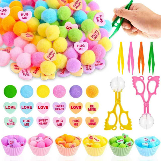 75 Pcs Valentine's Day Sensory Bin Items Valentine Counting Sorting Sensory Bin Filler 60 Hedge Balls 3 Tweezers 2 Scissors Clips 10 Cups Red Pink Fine Motor Counts for Valentine's Counting Decor