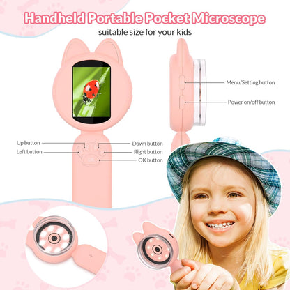 Mafiti Microscope for Kids Mini Pocket Handheld Kids Microscope Educational Science Kit Toys Xmas/Birthday Gifts for Aged 3-12 Girls Boys,Pink