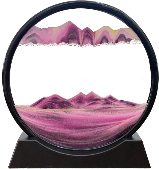 3D Dynamic Sand Art Liquid Motion, Moving Sand Art Picture Round Glass 3D Deep Sea Sandscape in Motion Display Flowing Sand Frame Relaxing Desktop Home Office Work Decor (12“, Pink)