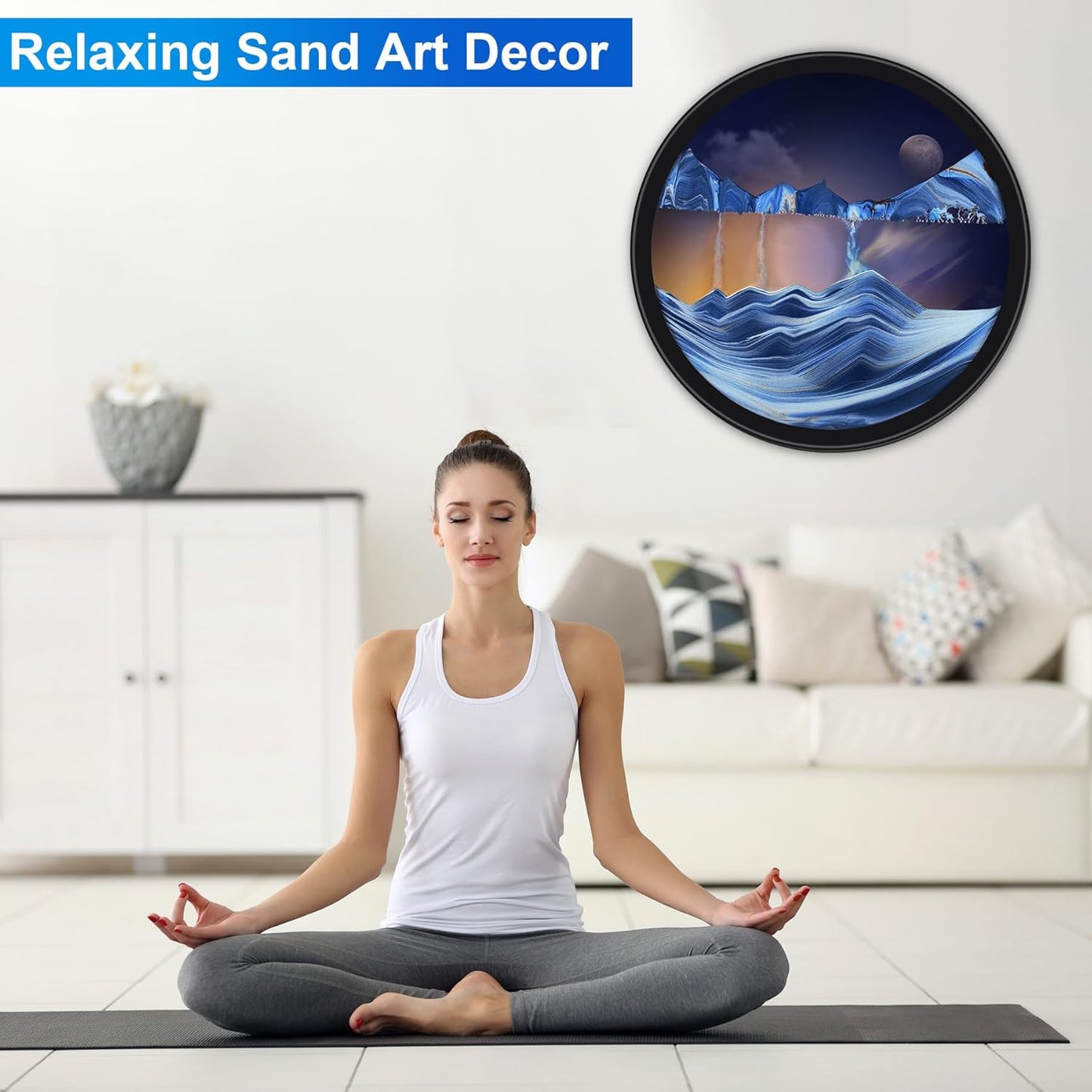 17.3" Moving Sand Art, 3D Sand Art Pictures Deep Sea Sandscape Living Room Decoration, 360° Rotate, Glass Crafts Solid Wood Frame, Relaxing Mood Home Office Work Wall Art Decor