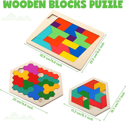 Yunsailing 3 Pack Large Hexagon Tangram Puzzle Wooden Brain Puzzles for Adult Challenge Wood Russian Blocks Brain Teasers Geometric Jigsaw Block Logic Iq Stem Family Graduation Gifts(Vintage)