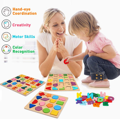Attmu Wooden Puzzles for Toddlers, 6 Pcs Alphabet Puzzle ABC Shape Number Animal Farm Puzzle, Learning Toys for Kids, Preschool Educational Activities Toddler Gift Toys for Girls Boys Christmas Easter