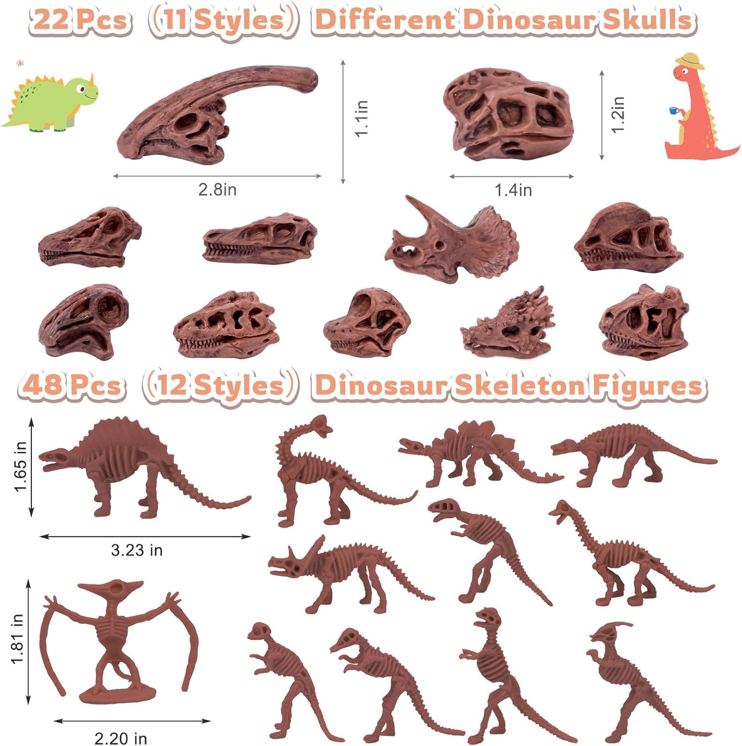 70PCS 3.7 Inch Dinosaur Bone for Sandbox Brown Dinosaur Fossil Skeleton Plastic Skull Dino Dig Toy Kit for Puzzle Game Sensory Bin Birthday Party Dino Scavenger Hunt Science Class Prize Cupcake