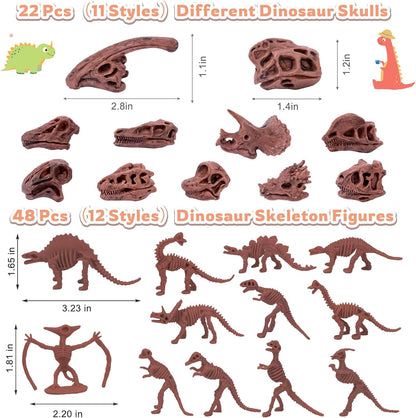 70PCS 3.7 Inch Dinosaur Bone for Sandbox Brown Dinosaur Fossil Skeleton Plastic Skull Dino Dig Toy Kit for Puzzle Game Sensory Bin Birthday Party Dino Scavenger Hunt Science Class Prize Cupcake