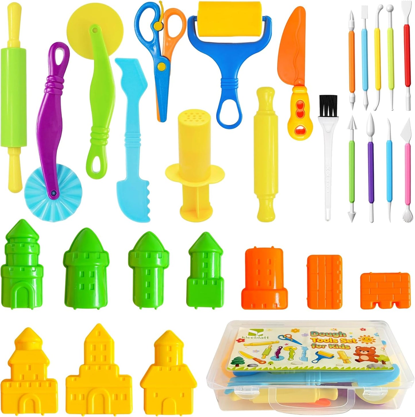 Kleeblatt Dough Tools Set for Kids - 19 Pcs Playdough Kit with 9 Basic Dough Tools, 9 Double-Headed Clay Carving Tools & Cleaning Brush, Safe for Toddlers Ages 2-8, for Clay/Plasticine/Sand