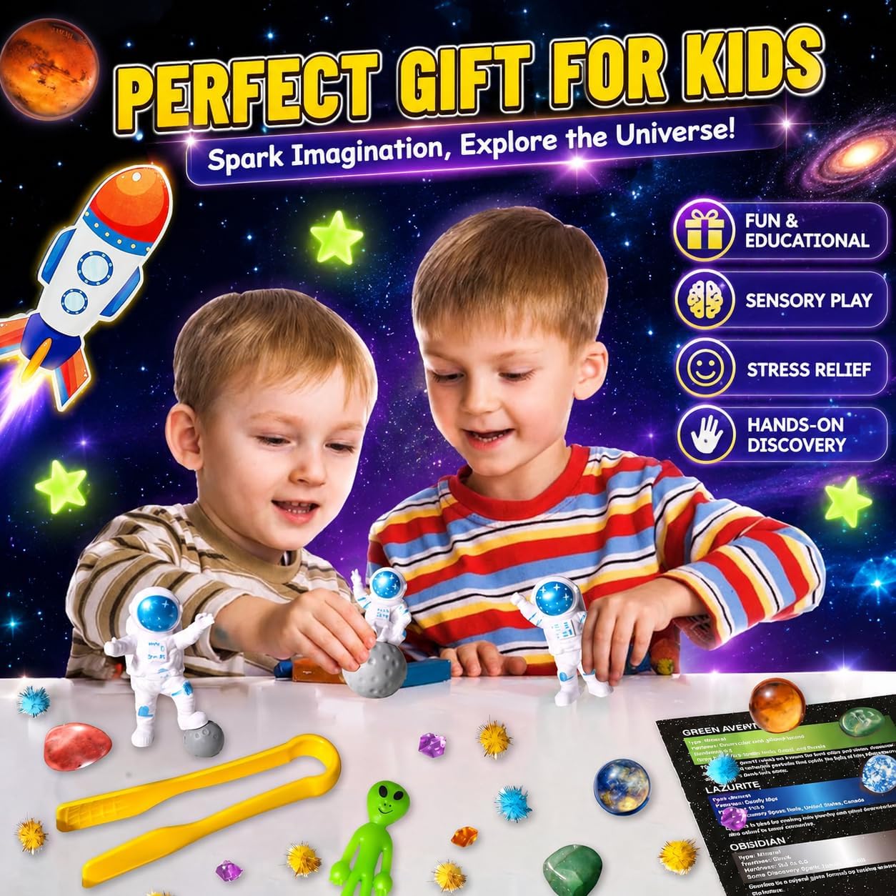 Galaxy Sensory bin, Gemstone Dig Kit,Galaxy Excavation Gem Kit with 5 Real Gemstones for Kids,Space Planet Toys STEM Science Kits,Alien Sandbox Play Set for Girls Boys 3 4 5 6 Years Old