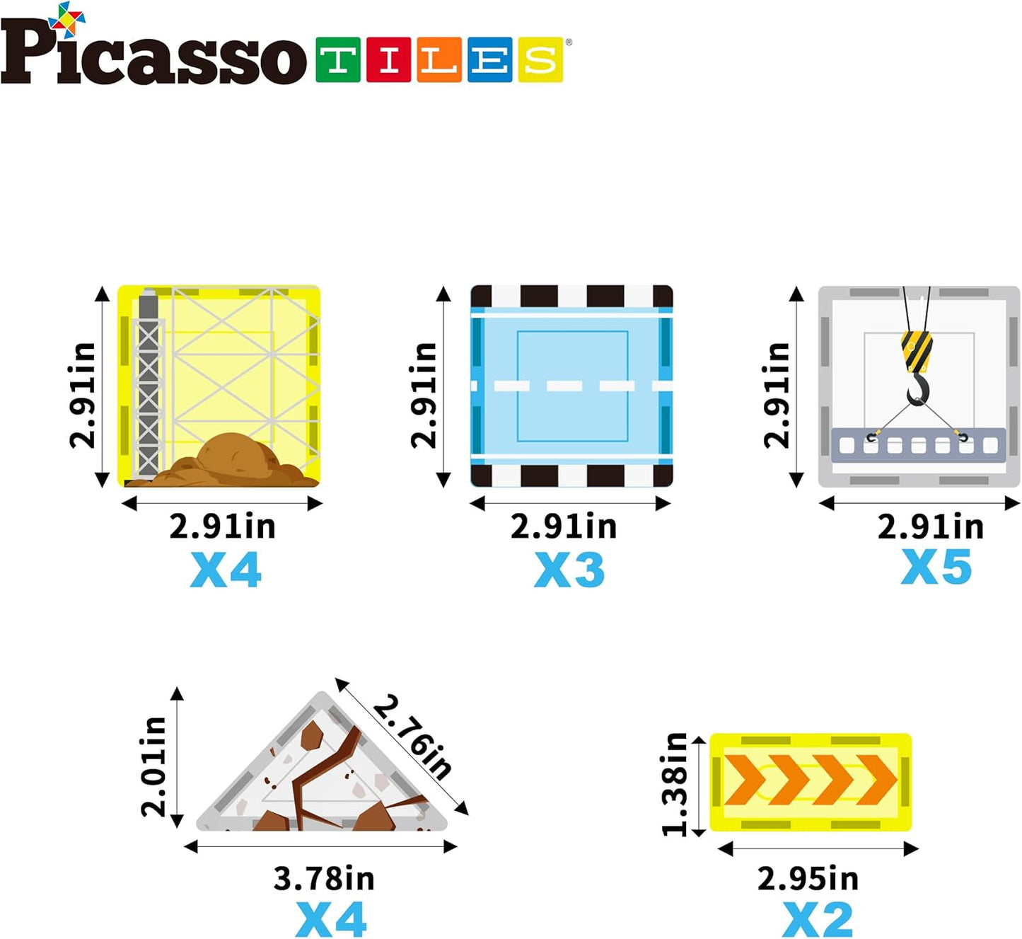 PicassoTiles Magnet Tile Construction Themed Building Blocks 5-in-1 Crane, Ladder, Dump Truck, Excavator, and Backhoe Action Figures, 2 Car Base Vehicles Magnetic Tiles Learning Toys Kids Ages3+ PTU06