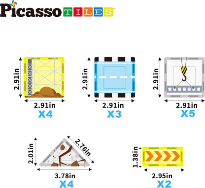 PicassoTiles Magnet Tile Construction Themed Building Blocks 5-in-1 Crane, Ladder, Dump Truck, Excavator, and Backhoe Action Figures, 2 Car Base Vehicles Magnetic Tiles Learning Toys Kids Ages3+ PTU06