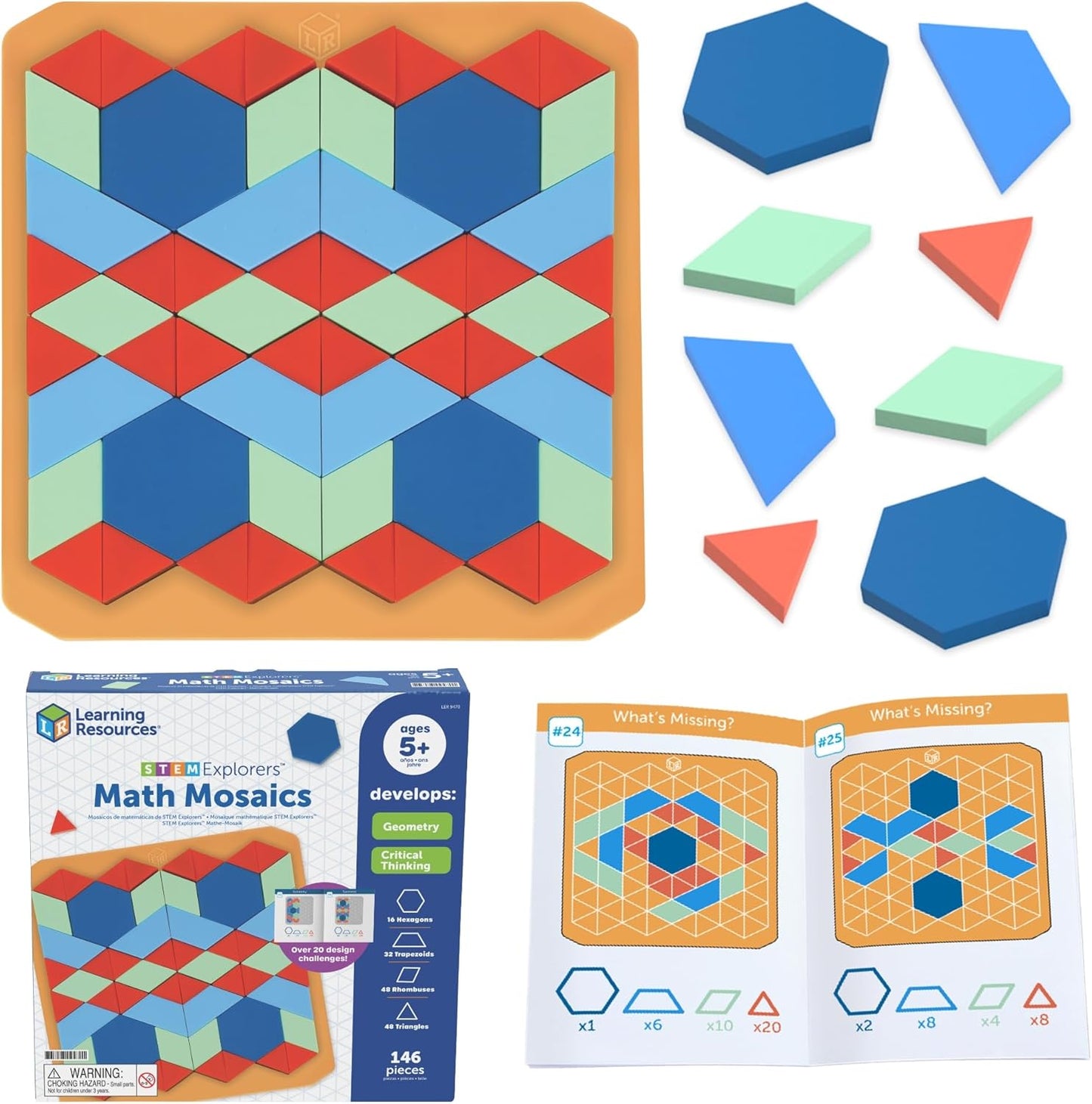 Learning Resources STEM Explorers Math Mosaics - Geometry Math Manipulatives, Montessori Symmetry and Patterning, Critical Thinking for Students, Fine Motor Skills, Puzzle Tile, Back to School