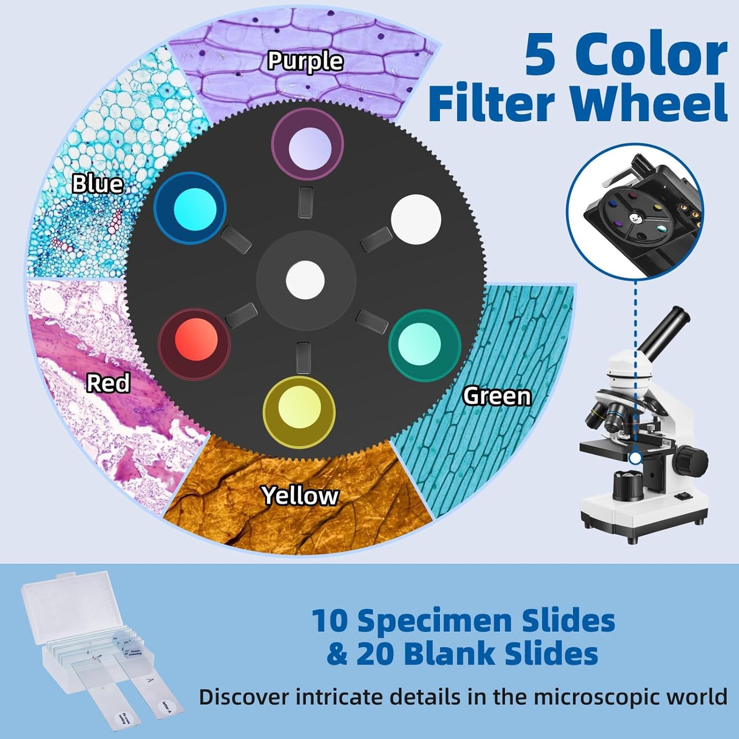 Fitense Microscope for Adults Kids,40X-2000X Monocular Microscope Kit for Home School Lab, 2 LED Lights & 5 Colors Kids Microscope with Phone Holder,10 Specimen Slides,20 Slides,100 Coverslips, Bag
