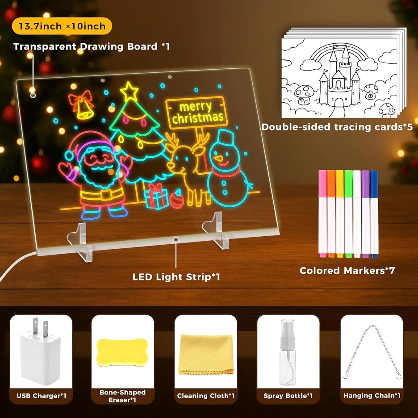 150PCS Wooden Pattern Blocks & LED Acrylic Drawing Board Bundle – Geometric Tangram Puzzle with Activity Cards and 13.7×10 Inch Light-Up Dry Erase Board for Kids,Party, and Birthday Gifts