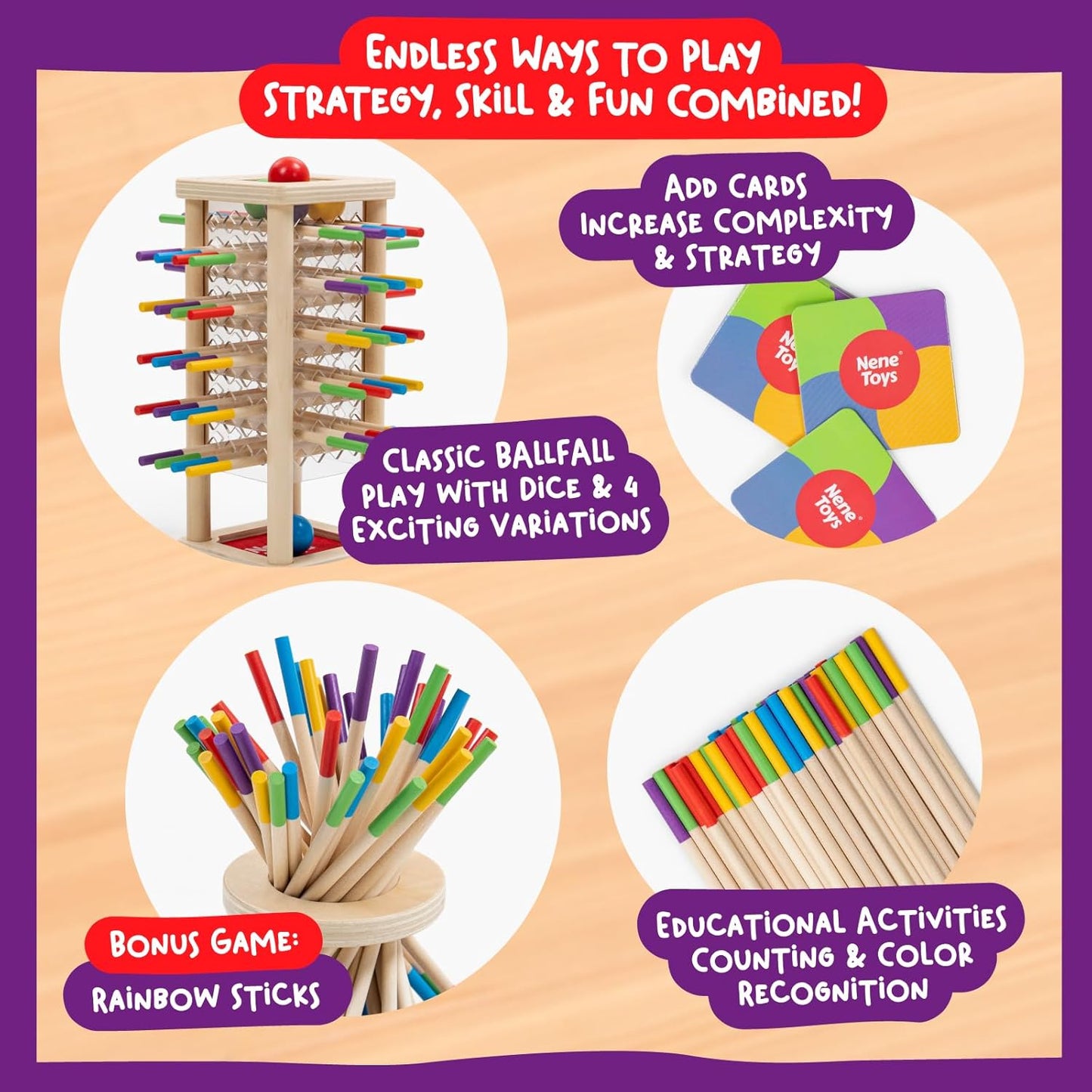Nene Toys BeeFall Jumbo, 4-in-1 Wooden Honey Bee Toy for Kids Ages 3-9 - Educational Game with Wooden Honeybee Hive, 12 Bees, Colorful Sticks, Dice & Cards - Fun Family Game for Cognitive Development