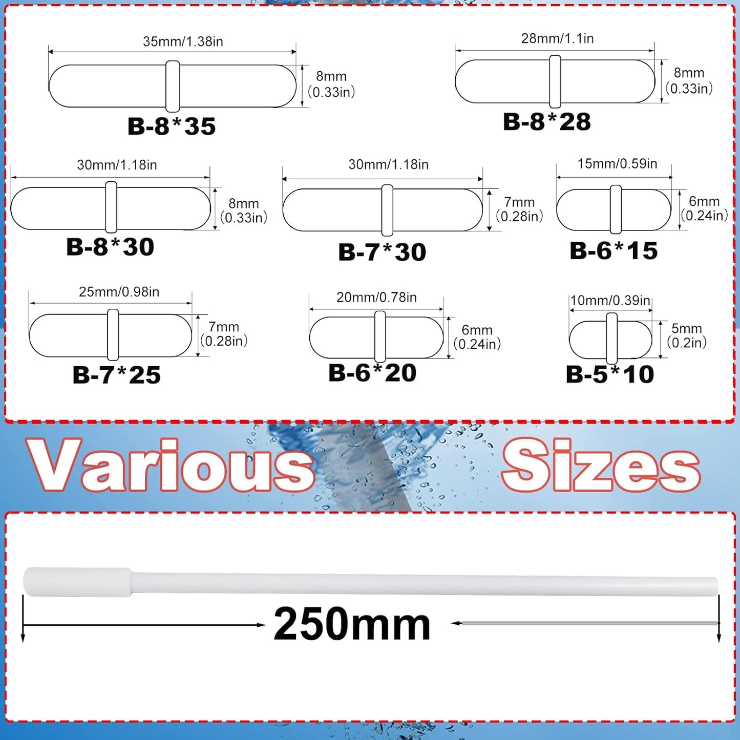 Magnetic Stir Bars with Magnetic Retriever Set, Lab Mixed Size PTFE Magnetic Stirrer Mixer Stir Bars PTFE Stiring Rod, 8x35mm, 8x30mm, 8x28mm, 7x30mm Magnetism for Laboratory Home DIY Project