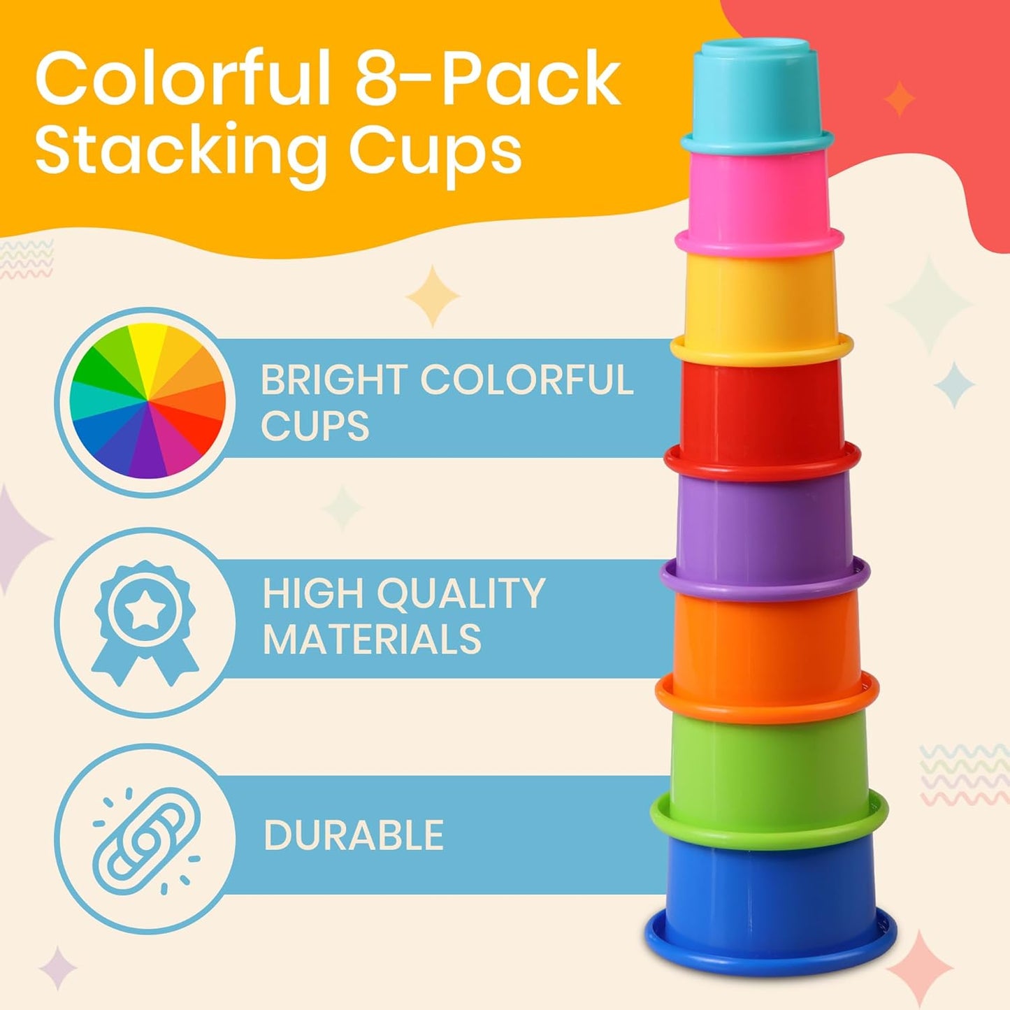Educational Stacking Toys for Toddlers 1–3 | Numbers & Alphabet Stacking Cups Set | 10-Piece Baby Stacking Cups for Babies 6–12 Months & Toddlers 1–3 | Montessori Learning Toy, Rainbow (10Pcs)