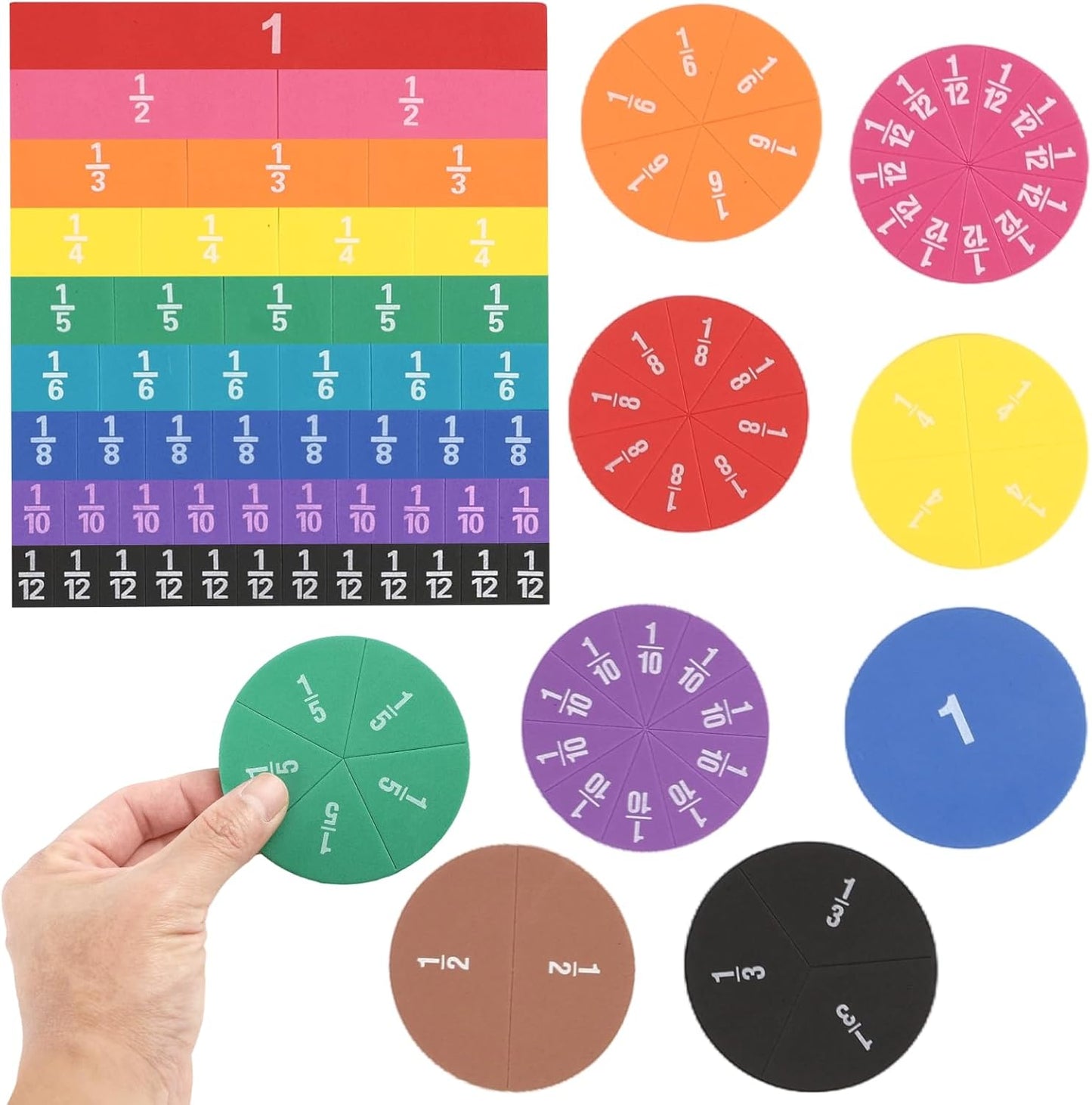 12 Sets EVA Rainbow Fraction Manipulatives, Includes 6 Sets Fraction Tiles and 6 Sets Fraction Circles, Broad Coverage from 1/1 to 1/12, Visual Learning Tool