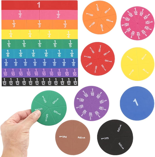12 Sets EVA Rainbow Fraction Manipulatives, Includes 6 Sets Fraction Tiles and 6 Sets Fraction Circles, Broad Coverage from 1/1 to 1/12, Visual Learning Tool