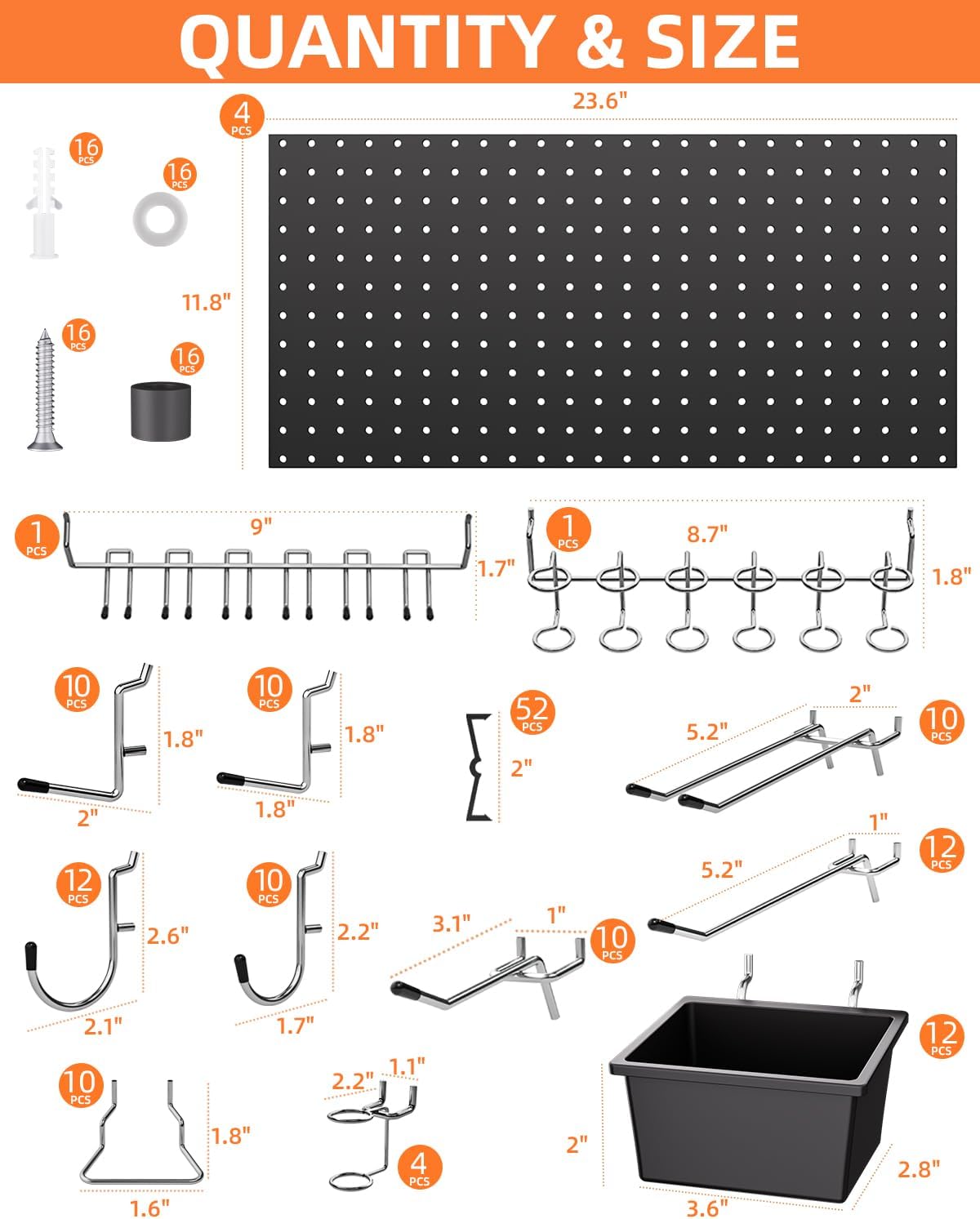INCLY 158PCS Metal Pegboard Wall Organizer, 48x24 Inch White Pegboard Panels Tool Organizer Kit with Accessories Hooks and Bins, Peg Board Utility Tool Storage for Garage Workbench Shed