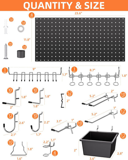INCLY 158PCS Metal Pegboard Wall Organizer, 48x24 Inch White Pegboard Panels Tool Organizer Kit with Accessories Hooks and Bins, Peg Board Utility Tool Storage for Garage Workbench Shed