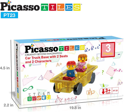 PicassoTiles 2 Piece Car Truck Construction Kit Toy Set Vehicle for Magnetic Blocks Building Tile Sensory Magnet Toys with Re-Enforced Hitch & Long Bed Educational Puzzle Girls Boys Toddlers Ages 3+