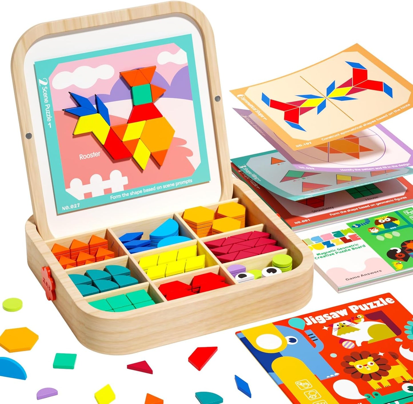 Wooden Magnetic Pattern Blocks Set with Activity Cards, 288 PCS Montessori Puzzle Toys for Toddlers 4-8, STEM Learning Gift for Boys Girls 4 5 6 7 8