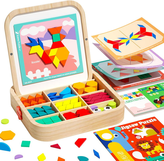Wooden Magnetic Pattern Blocks Set with Activity Cards, 288 PCS Montessori Puzzle Toys for Toddlers 4-8, STEM Learning Gift for Boys Girls 4 5 6 7 8