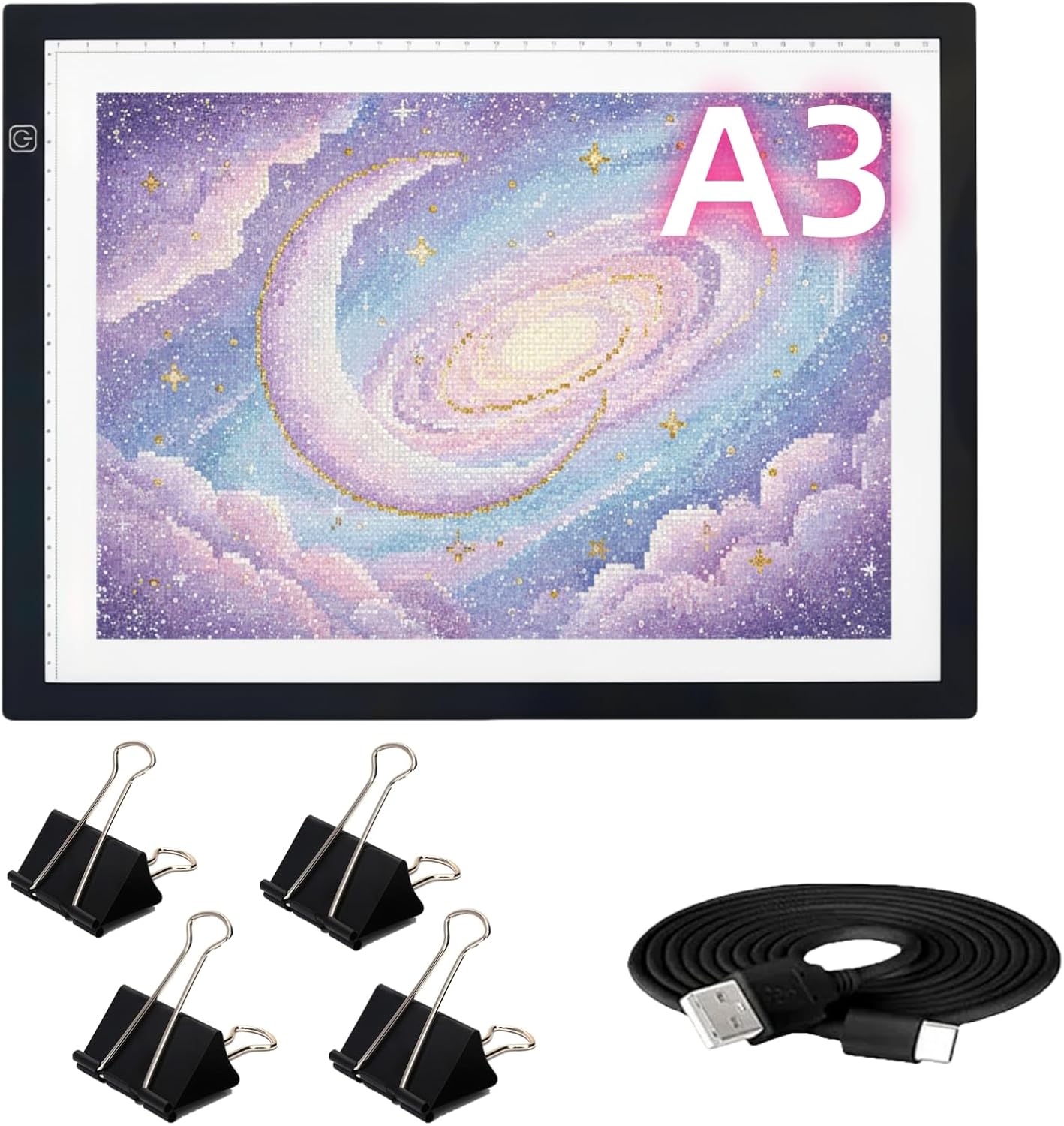 A3 LED Light Pad for Diamond Art, Sketching, Painting - Adjustable Brightness, Sketching, Tracing - USB Powered Complete Art Light Board Kit with Pad Stands and Clips