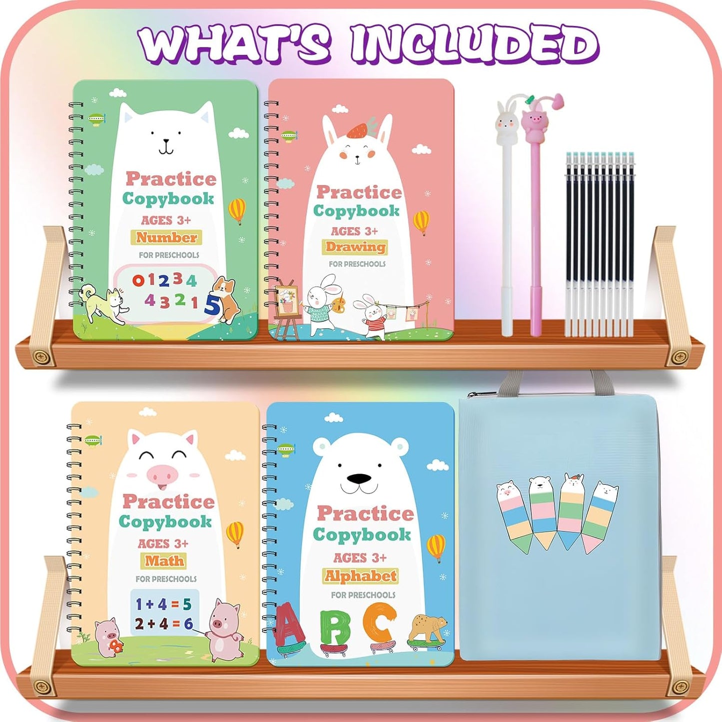Upgraded Large Size Magic Practice Copybook for Kids, Reusable Writing Practice Book, Preschool Copybook (4 Books with Pens) - Pink Bag