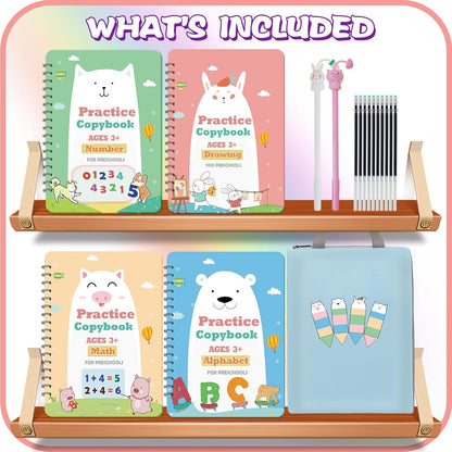 Upgraded Large Size Magic Practice Copybook for Kids, Reusable Writing Practice Book, Preschool Copybook (4 Books with Pens) - Pink Bag