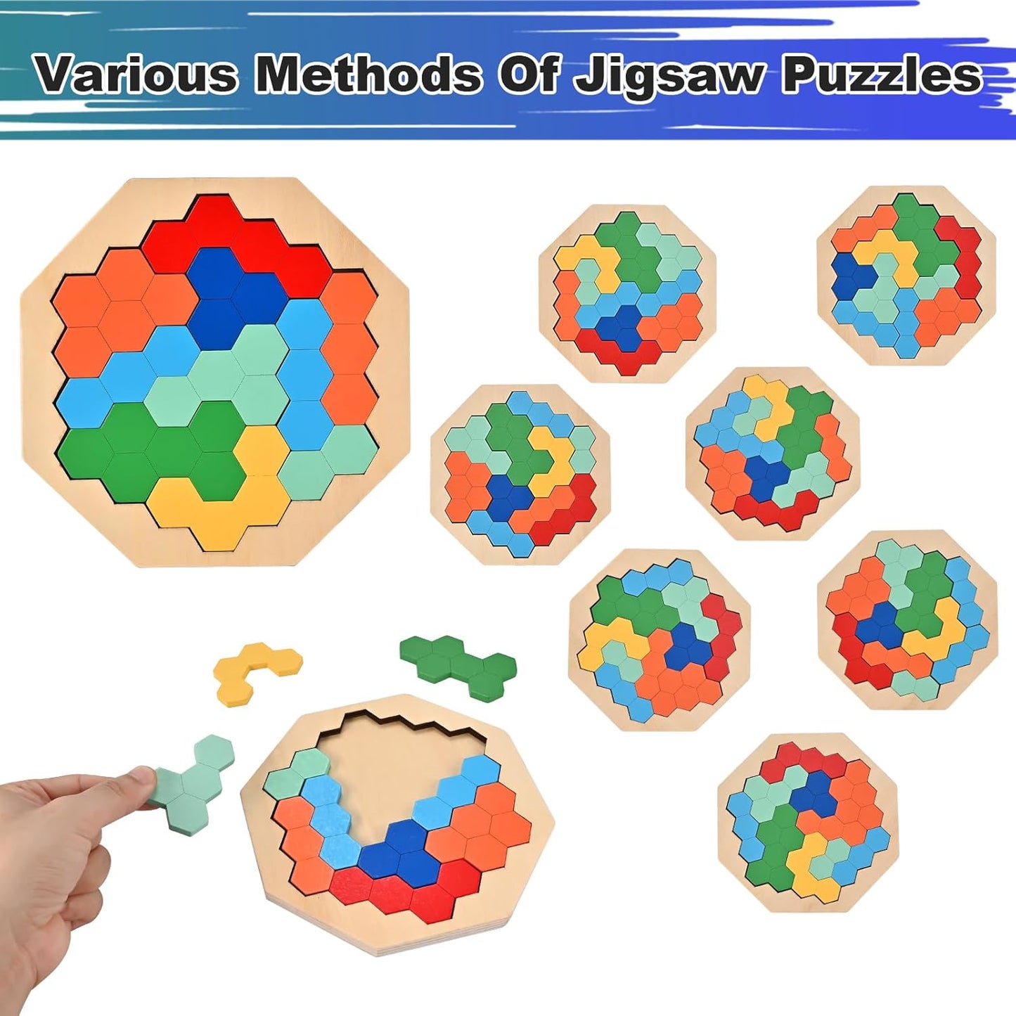 3 PCS Wooden Blocks Puzzles, 3-in-1 Russian Blocks Puzzle, Octagon Puzzle, Tangrams Puzzles, Brain Teaser Puzzles Game, Montessori STEM Educational Toys Gifts for Kids and Adults