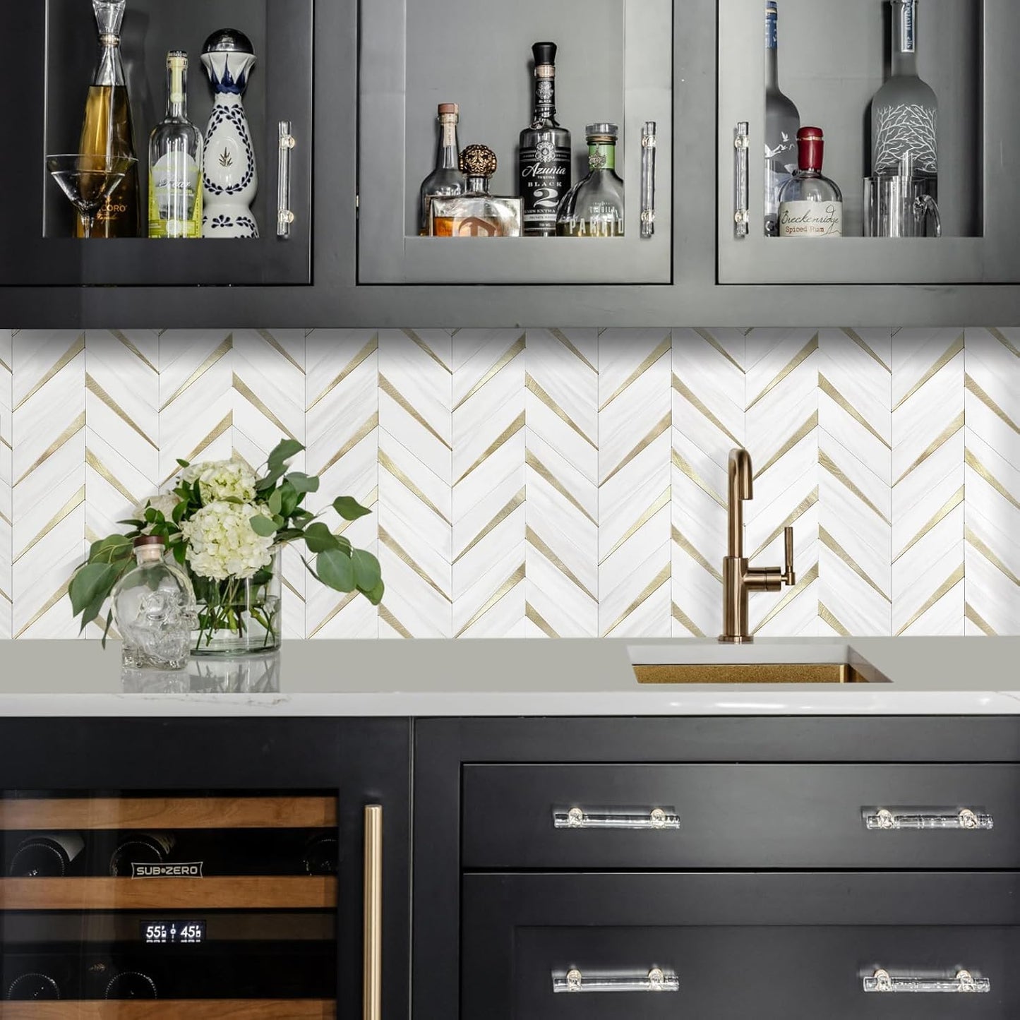 STICKGOO 10-Sheet Herringbone Tile Peel and Stick Backsplash, Beige Mixed Metal Gold PVC Stick on Backsplash, Self Adhesive Wall Tile for Kitchen and Bathroom