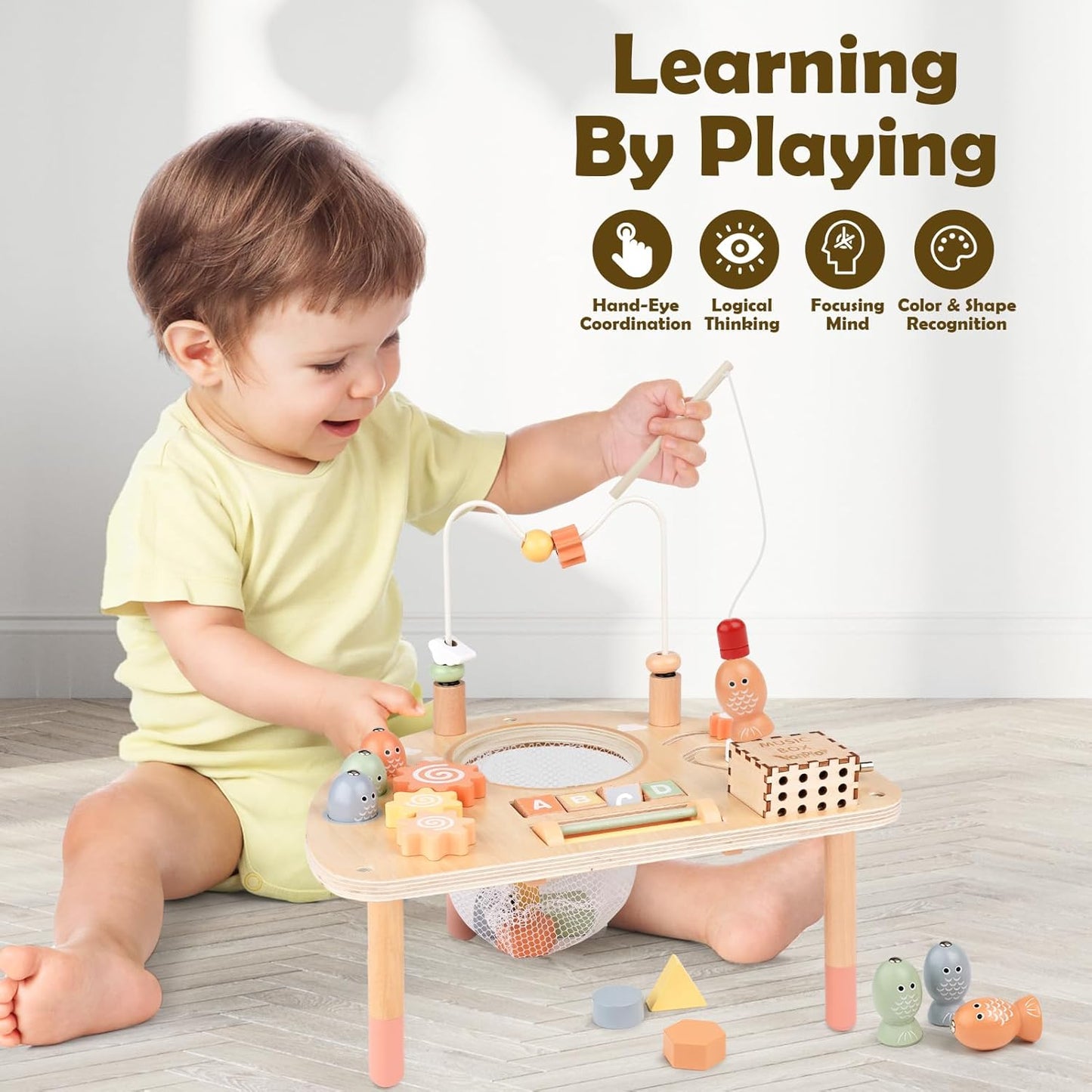 Activity Table for 1 Year Old, Montessori Toys for 1 2 Year Old Girls Boy Gifts, 8 in 1 Wooden Sensory Play Table for Toddler 1-3, Learning Toys for Baby 12-18 Months 1st Christmas Birthday Gifts
