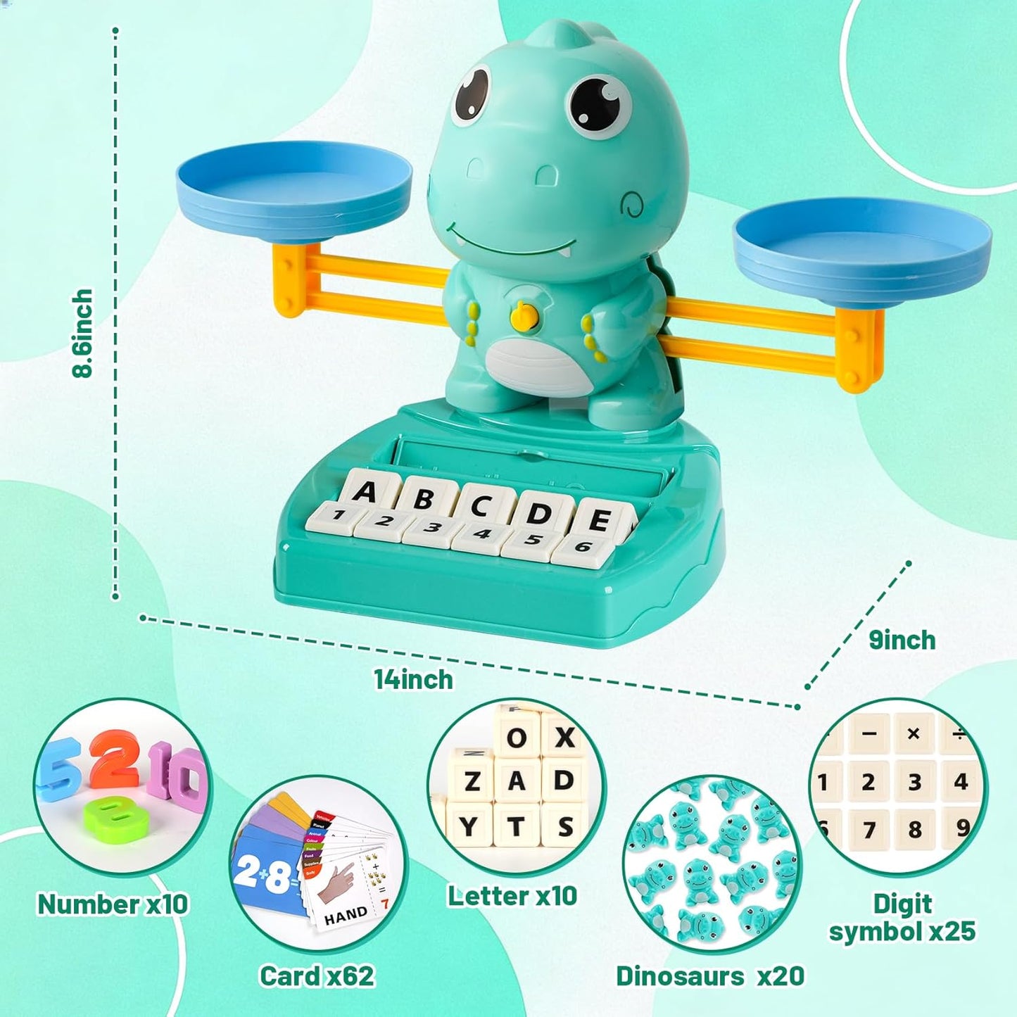Dinosaur Math Balance Toy for Kids Ages 3-7, Montessori Number Blocks Learning & Educational Dinosaur Toys for Kids 3-5 and Math Games for Kids 5-7,Ideal Gift for Kids (Basic Blue)