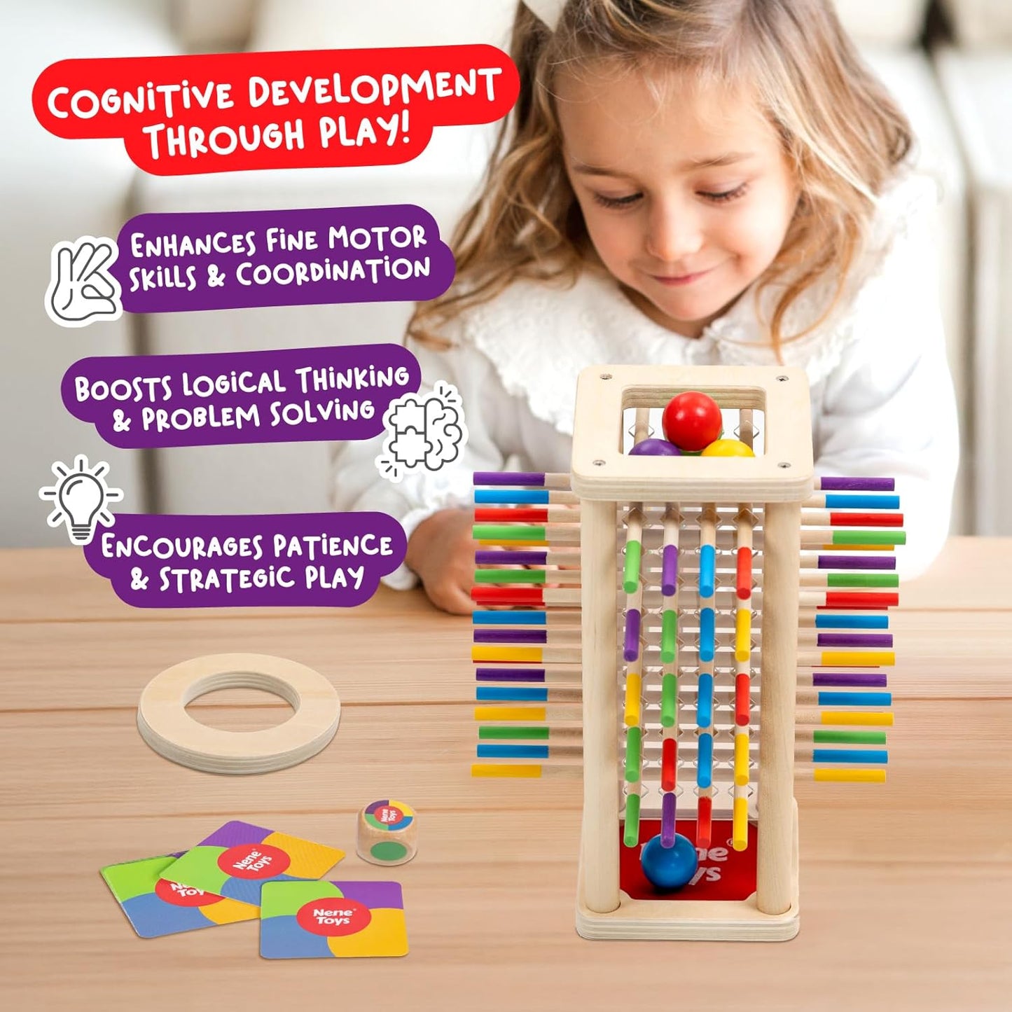Nene Toys BeeFall Jumbo, 4-in-1 Wooden Honey Bee Toy for Kids Ages 3-9 - Educational Game with Wooden Honeybee Hive, 12 Bees, Colorful Sticks, Dice & Cards - Fun Family Game for Cognitive Development