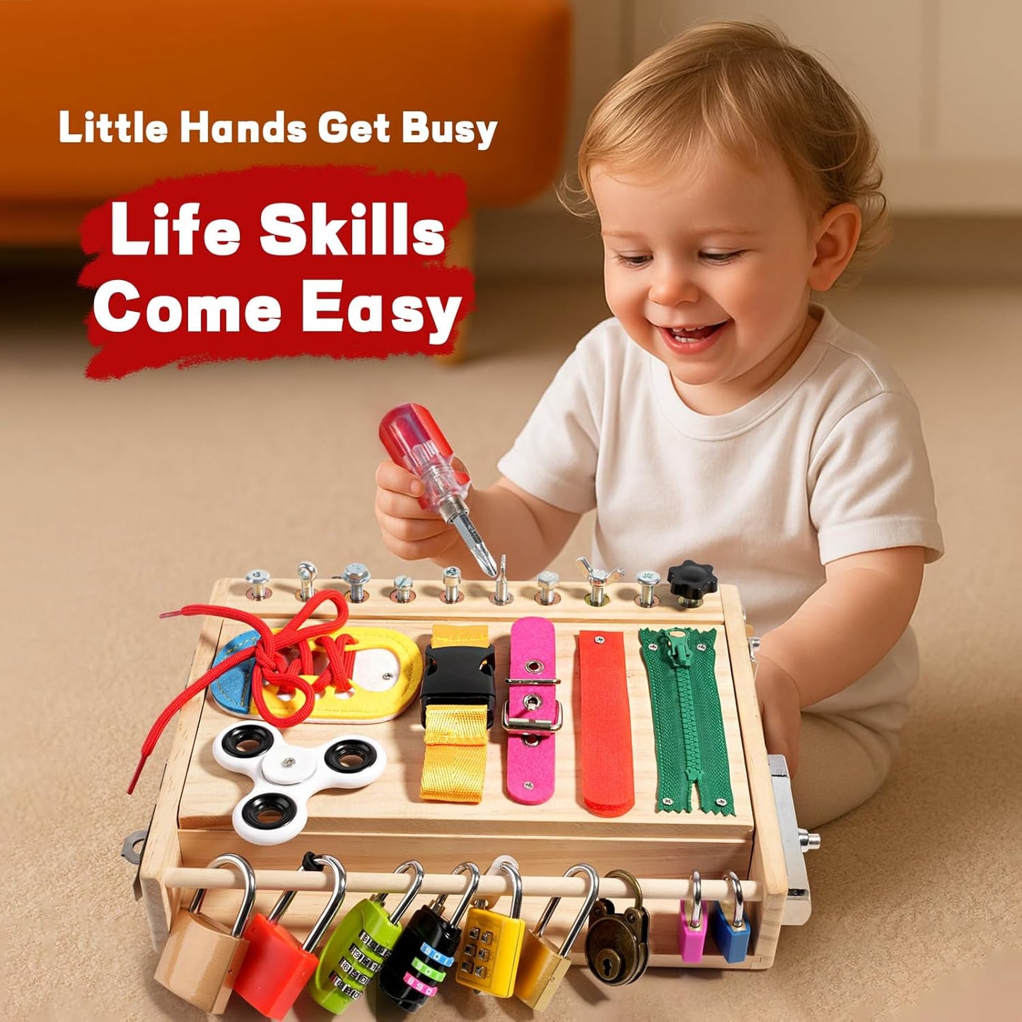 INIFEIDALA Montessori Wooden Busy Board - Fine Motor Skills Toys for 2-5 Year Old Boys Girls, Preschool STEM Life Skills Game, Latches Lock Key Sensory Toy, Screwdriver Board Set, Educational Gift