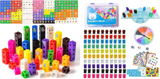 100 Pcs Math Linking Cubes with 384 Cartoon Stickers - 100 Pcs Translucent Bear Counters, Counting Animal Matching Games, Color Sorting Toys, Translucent Toys for Light Table, Includes 11 A