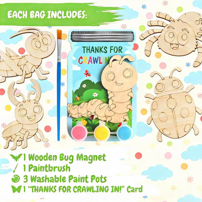 BOIKOKY 12 Pack Bug Party Favors for Kids - Individually Wrapped Paint Your Own Wooden Magnet Craft Kits with Thank You Card, Insect Birthday Party Supplies for Preschoolers